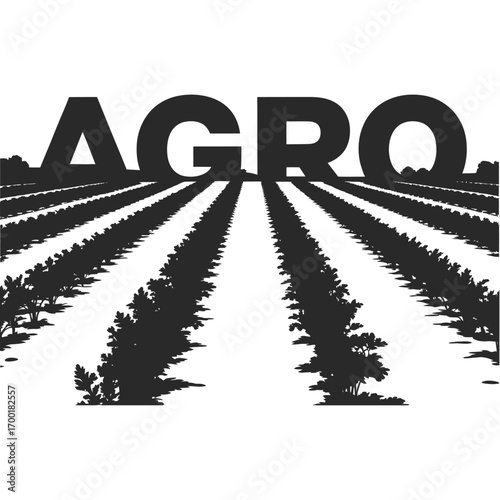 Silhouette of agro text over a vast agricultural field