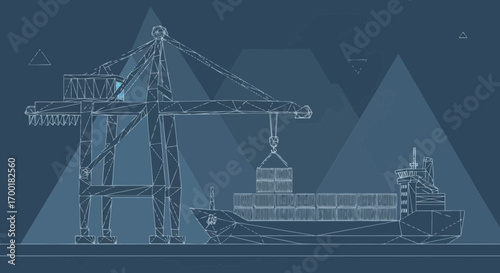 Stylized blue print illustration of a cargo ship being loaded with containers at a port terminal