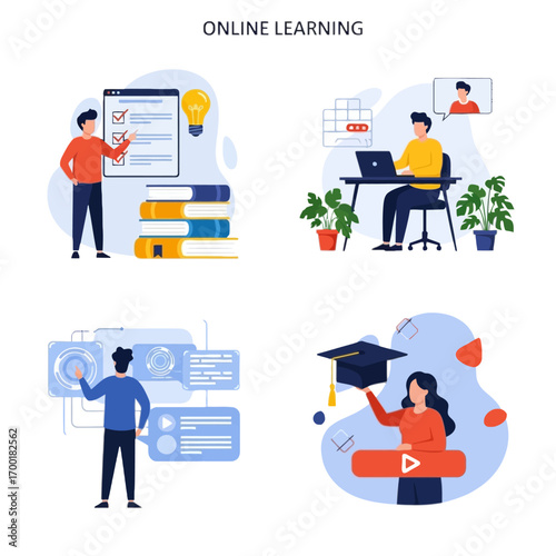 Illustration of online learning concept with students studying and graduating