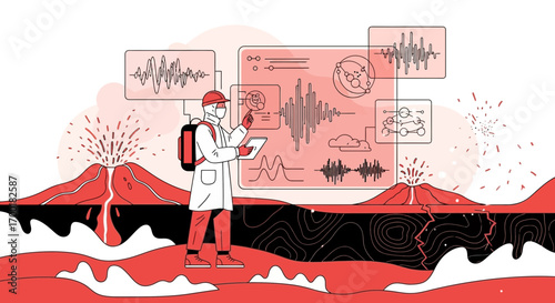 Volcano monitoring by geologist analyzing seismic data and volcanic activity research