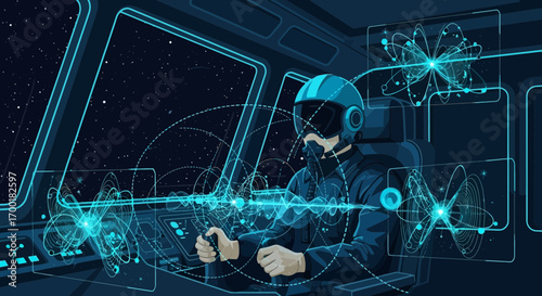 Futuristic spaceship pilot navigating through cosmos with advanced holographic interface system