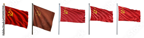 USSR flag set including waving, aged, and vibrant fabric variations isolated. Historical communist symbol collection.