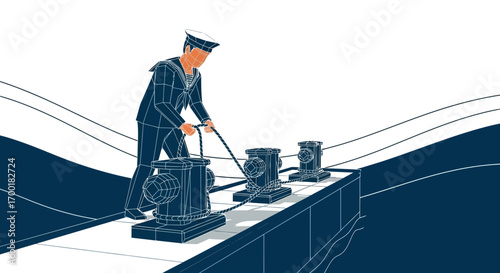 Stylized illustration of a sailor securing a ship with rope to mooring bollards