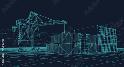 Wireframe illustration of a crane lifting shipping containers at a dockyard depicting global trade