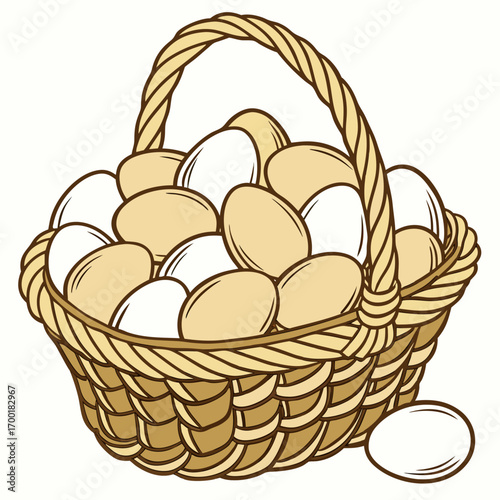 Wicker Basket Filled with Fresh White and Brown Eggs – Farmhouse Rustic Vector Food Illustration
