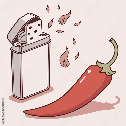 Spicy delight concept with red chili pepper and classic lighter flame design, an illustration of culinary heat for spicy food lovers