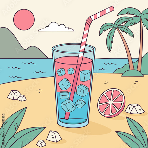 Refreshing summer drink on a tropical beach, vibrant colors evoke vacation vibes, originally created as a scalable vector graphic