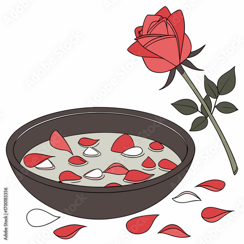 Elegant rose beside a bowl of water with floating petals, radiating serenity and calm beauty for mindful moments and self-care rituals