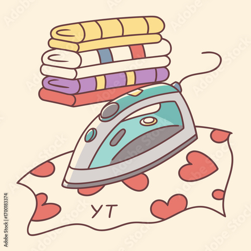 Ironing clothes cartoon illustration with iron and folded laundry for household chores and fabric care