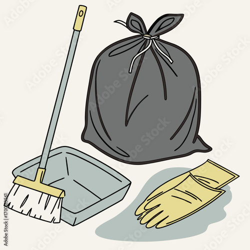 Illustration of cleaning supplies including broom dustpan trash bag and gloves for home or outdoor cleanup 100
