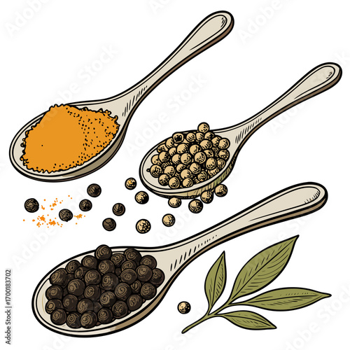 Illustration of assorted spices on spoons culinary herbs and spices for cooking and seasoning food 100