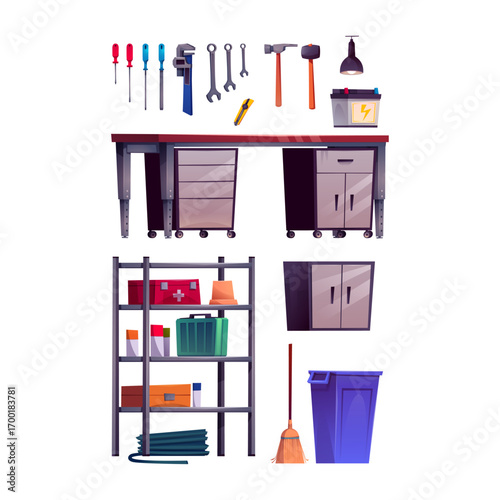 Illustration of a well-equipped garage workshop with tools and furniture set