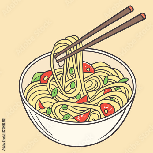 Delicious noodle bowl with chopsticks, perfect for food blogging and Asian cuisine promotion