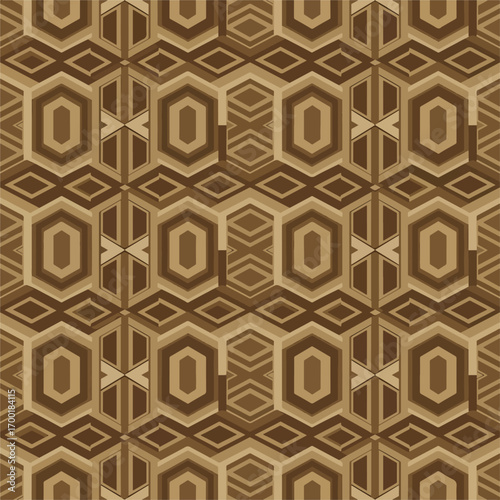 Intricate geometric pattern featuring hexagonal and diamond shapes in brown tones, seamless pattern, royalty free stock.