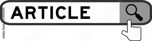 Search banner in word article with hand over magnifier icon on white background