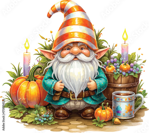 Cute autumn gnome surrounded by pumpkins and candles