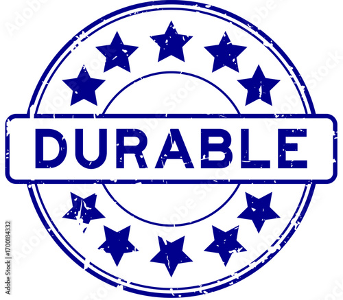 Grunge blue durable word round rubber seal stamp on white background