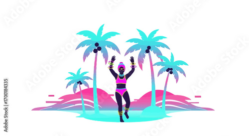 Vibrant summer scene with a woman enjoying the beach surrounded by palm trees in neon colors