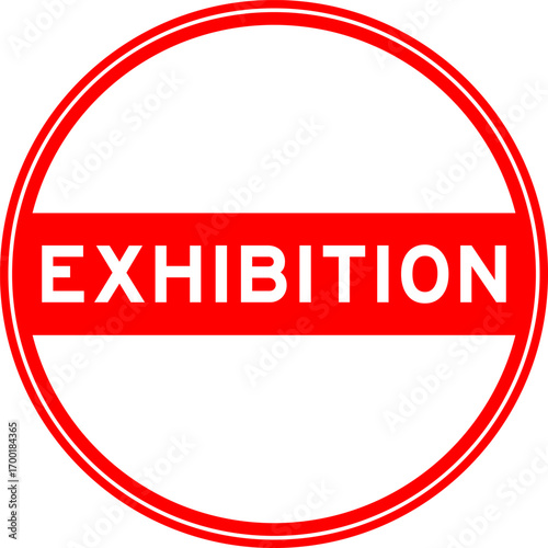 Red color round seal sticker in word exhibition on white background