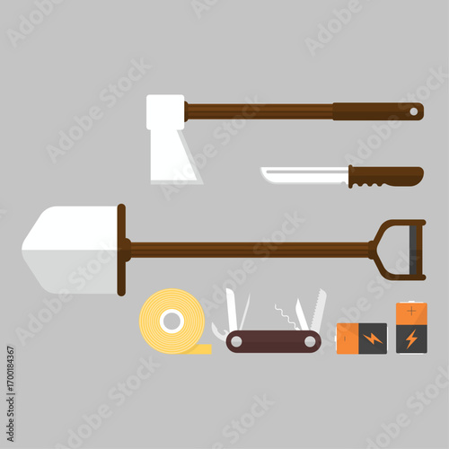 Set Essentials for a Prepared Journey Ax, Shovel, Knife, and More for Survival