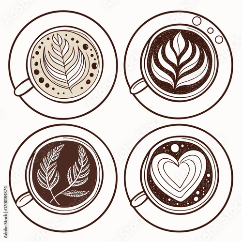 Modern latte art design: Coffee cups with leaf and heart motifs for cafe promotion or recipe book