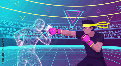 Virtual Reality Boxing Match Illustration Showcasing Immersive Gaming and Fitness Technology