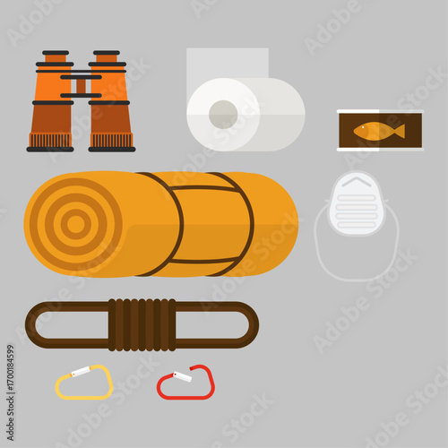 Set Outdoor camping and hiking gear laid out on a flat surface