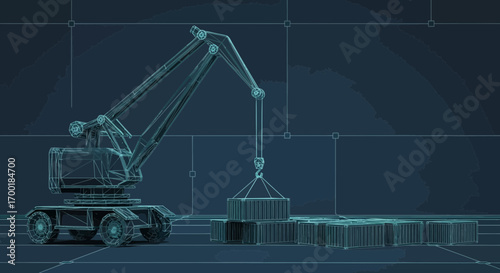 Wireframe depiction of a crane lifting shipping containers against blueprint background concept