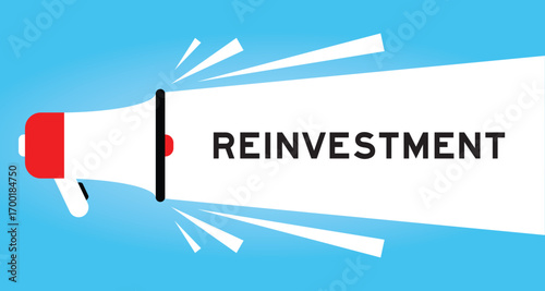Color megaphone icon with word reinvestment in white banner on blue background