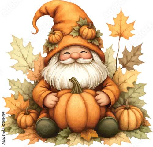 Cute autumn gnome holding pumpkin surrounded by fall leaves