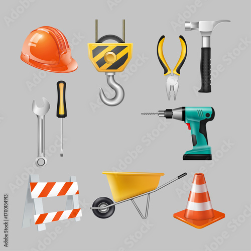 Set Realistic 3D vector set of construction tools and worker safety equipment