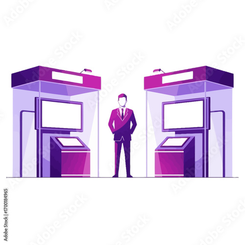 Illustration of man standing between two exhibition booths with screens
