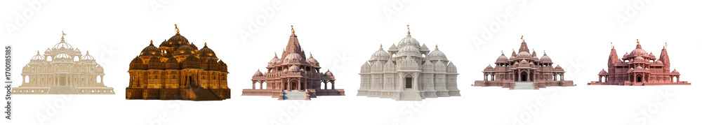Fototapeta premium Hindu temple set including various stone, golden, and marble architectural styles isolated. Cultural and religious building collection.