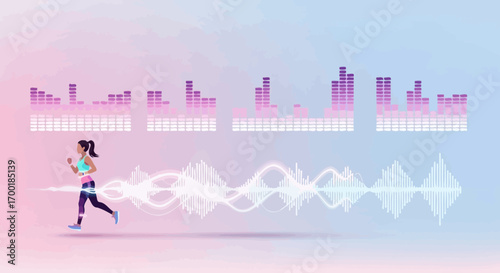 Woman jogging with abstract music visualization elements and vibrant background creating a