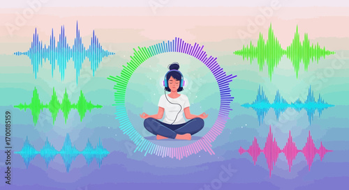 Woman in meditation listening to music surrounded by colorful sound waves