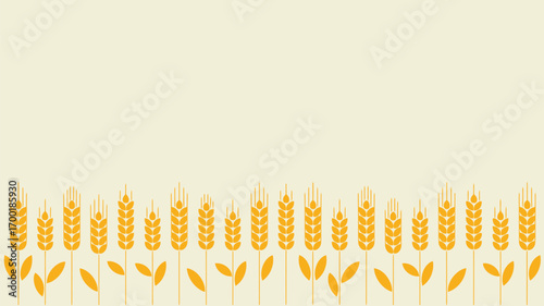 Yellow wheat stalks with leaves arranged in a row at the bottom of a light beige background space 100