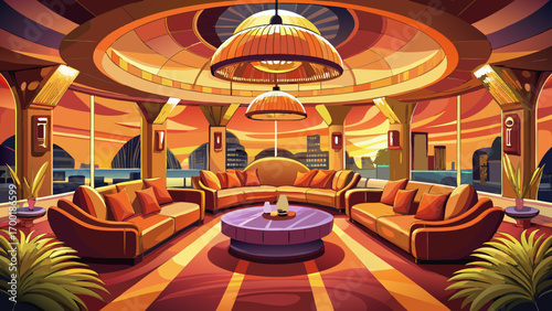 Magnificent 360 panorama view of a luxurious lounge, highlighting sunset orange plush sofas, brass details, and sculptural lighting pieces, blending warmth, creativity, and high-end contemporary desig