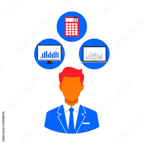 Illustration of businessman with charts, laptop, and calculator