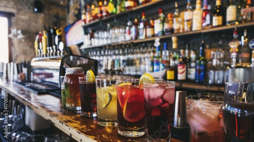 Classic Cocktails at the Bar: Fresh Citrus Slices, Ice & Vodka/Gin, Set Against a Blurry Colorful Summer Party Background