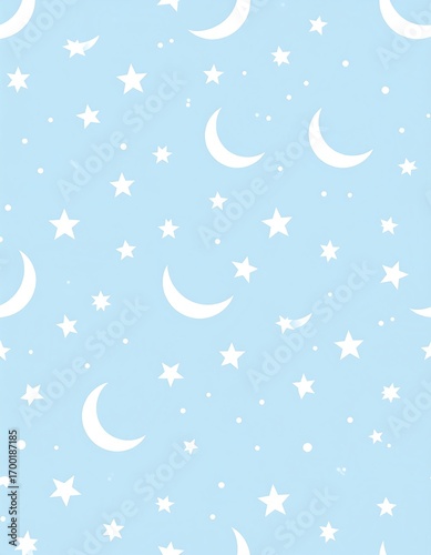 Simple, repeating pattern of moons and stars on a light blue background