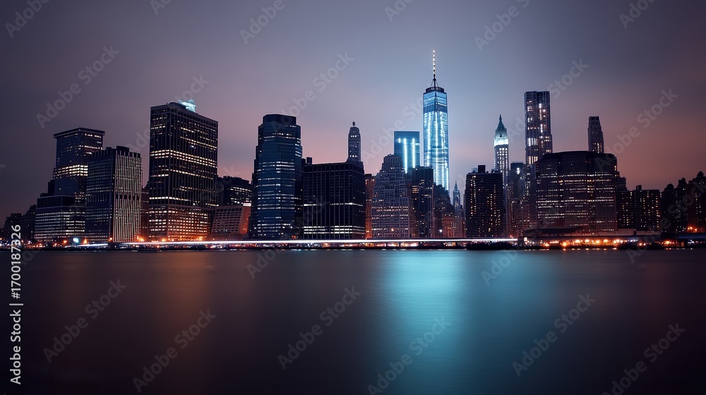 Obraz premium A stunning city skyline illuminated at night, showcasing towering skyscrapers reflecting off the calm water, Ideal for urban-themed projects, travel promotions, or real estate marketing,