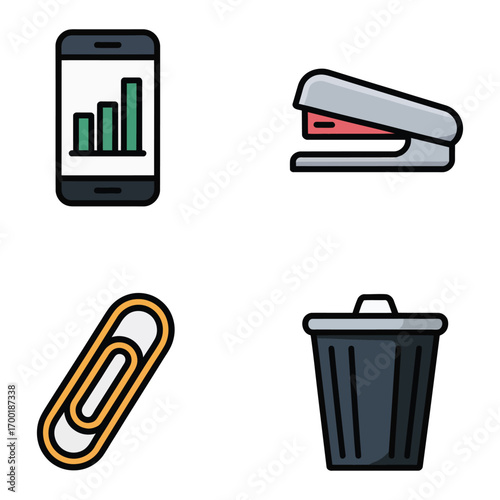 Office Supplies and Technology Icons Representing Workplace Productivity and Organization on White Background