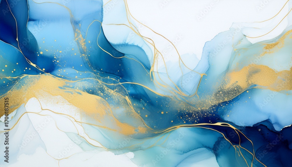 Fototapeta premium abstract watercolor or alcohol ink art blue white background with golden crackers pastel blue marble drawing effect