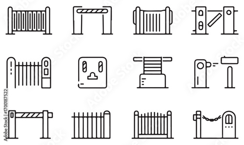 Vector collection of gate and barrier symbols, outline fences, security checkpoints, toll gates, and safety restriction graphics