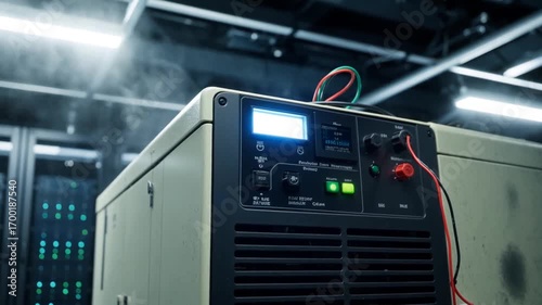 Industrial UPS uninterruptible power supply unit operating in modern data center server room with blue LED status lights