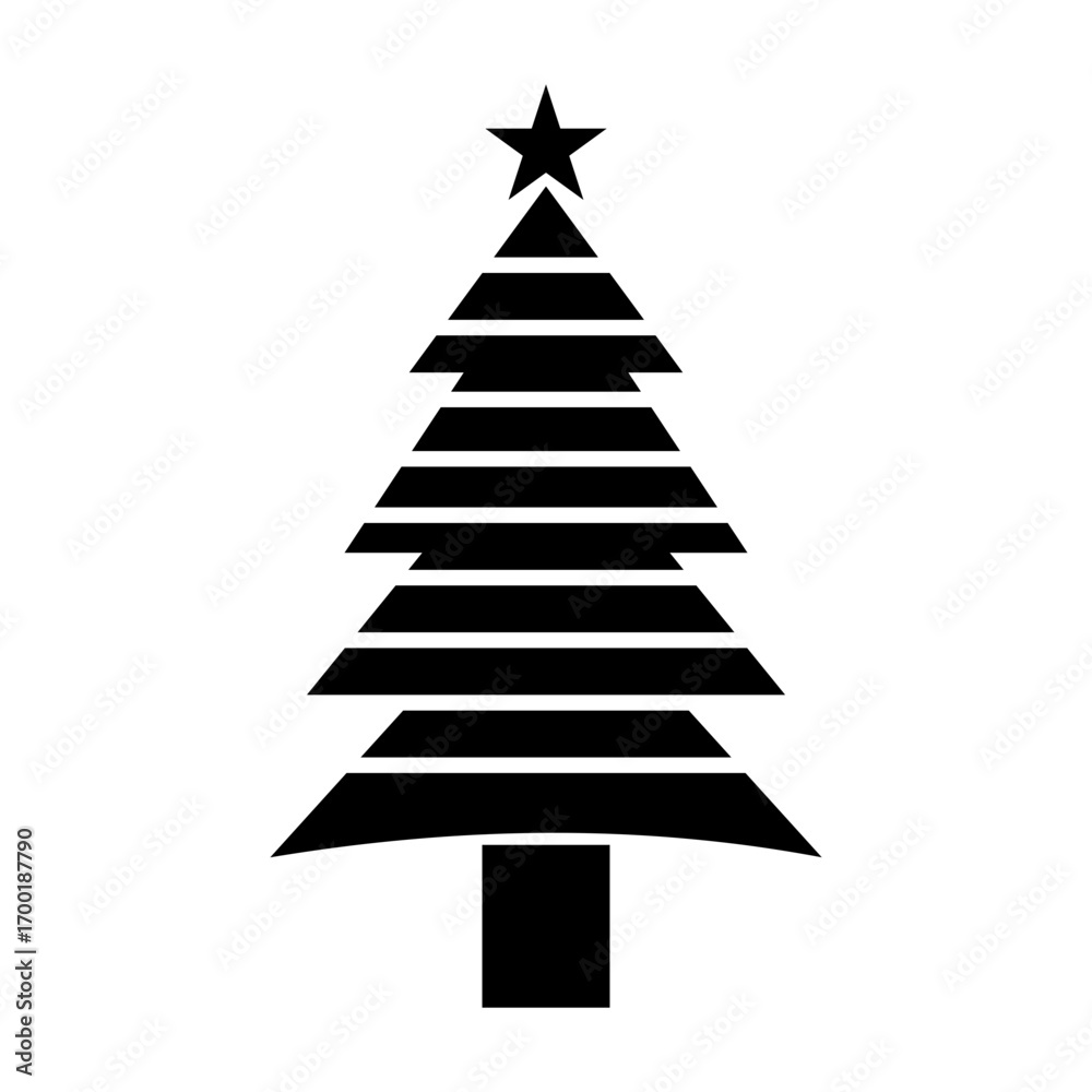 Fototapeta premium Simple holiday tree icon with star topper and stripe design, vector symbol.