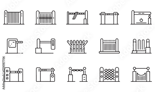 Minimal outline barrier and gate icons, vector fence designs, entry restriction graphics, checkpoint and toll access symbols