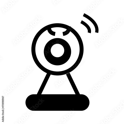 Black and white vector illustration of a webcam with wireless signal lines, symbolizing video communication and online streaming.