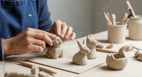 Hands crafting animal figures from clay in a pottery workshop, hobby and creative activity