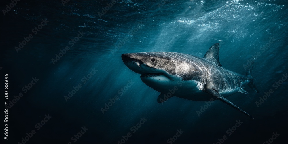 Fototapeta premium Great white shark swimming in dark blue ocean water